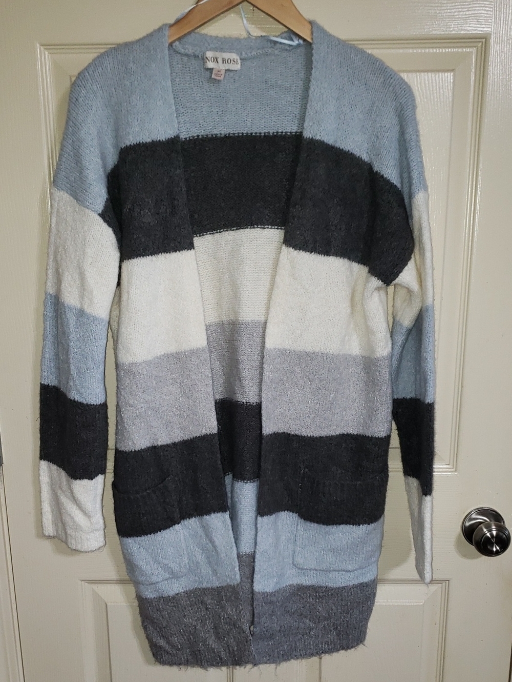 Knox Rose Open Front Striped Cardigan - Light Blue, Gray, White, Black